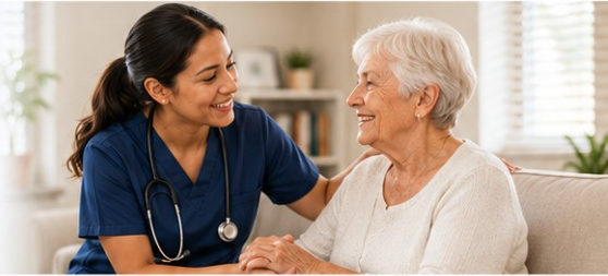 Nurse supporting an elderly patient